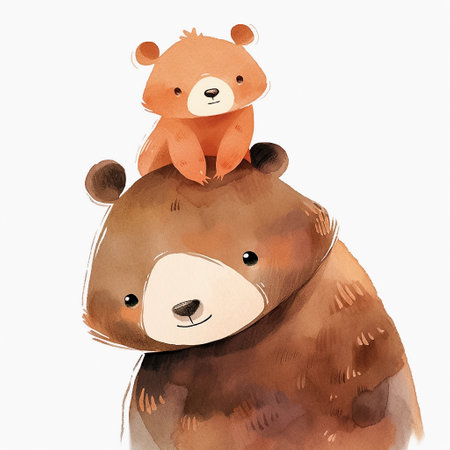Cartoon cute bear with a little bear. Watercolor illustration for children's book, isolated on white background. AI generativeの素材