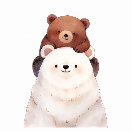 Watercolor illustration of a cartoon cute bear cub on polar bear head, isolated on white background. AI generativeの素材