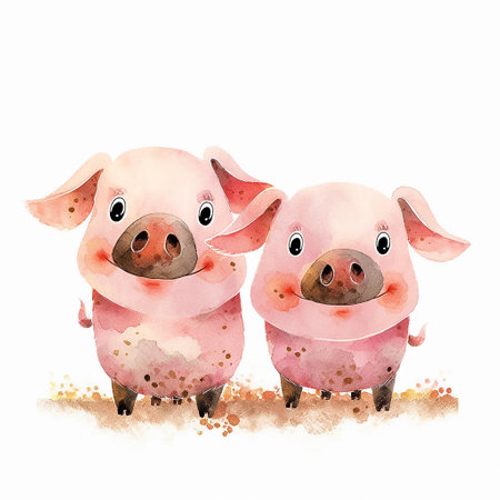 Two cartoon funny pigs, isolated on white background. Watercolor illustration for children's book. AI generativeの素材