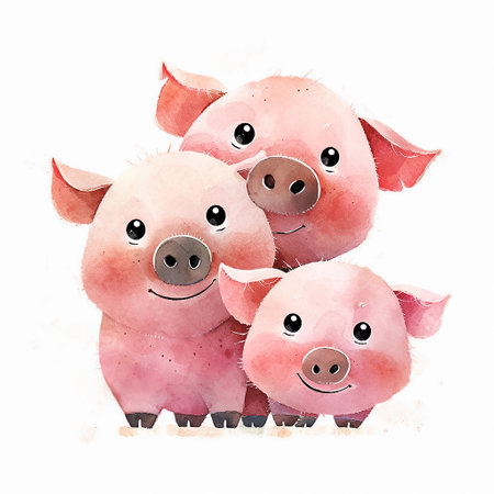 Cute cartoon pig family, isolated on white background. Watercolor illustration for children's book. AI generativeの素材