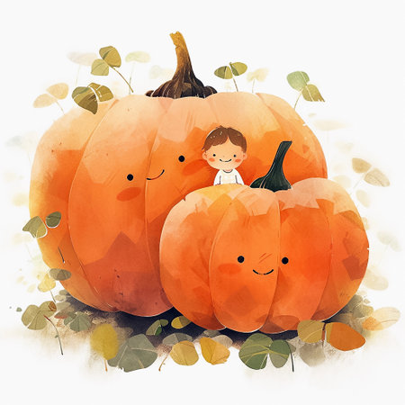Cartoon cute child and pumpkins with smiling faces. Watercolor illustration for children's book. AI generativeの素材
