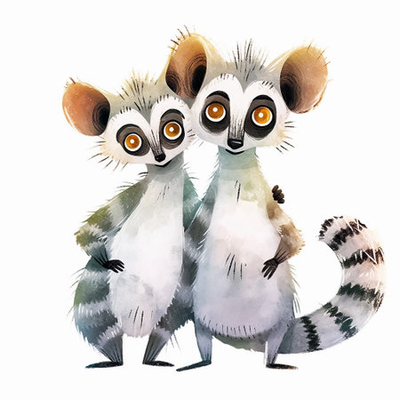 Watercolor cartoon cute lemurs on a white background. AI generativeの素材