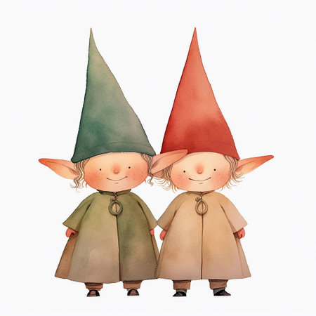 Two cartoon fairytale elves in green and red hats on white background. Illustration in watercolor style. AI generativeの素材