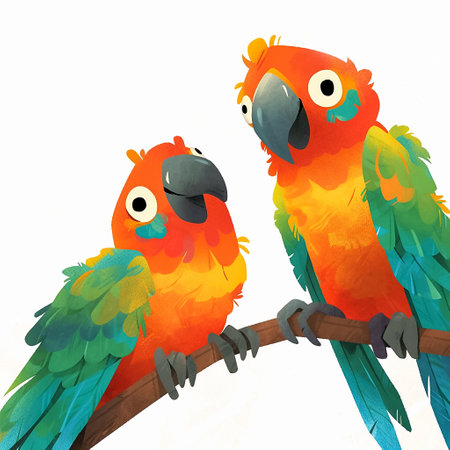 Two parrots sitting on a branch, isolated on white background. Cartoon illustration. AI generativeの素材