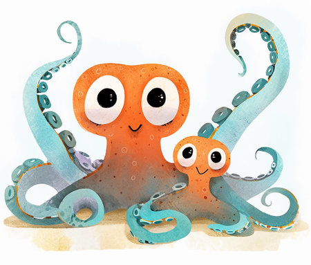 Cartoon funny octopus family. Portrait of mother with child. Illustration in watercolor style. AI generativeの素材
