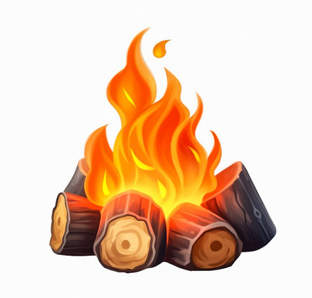 Bonfire with firewood on a white background. Cartoon illustration. AI generativeの素材