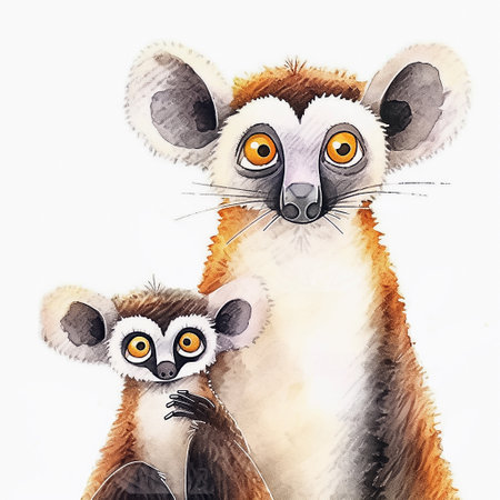 Cute little lemur with its mother on a white background. Illustration in watercolor style. AI generativeの素材
