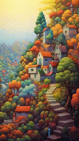 Beautiful autumn landscape with colorful houses on the hill. Digital vertical painting. AI generativeの素材