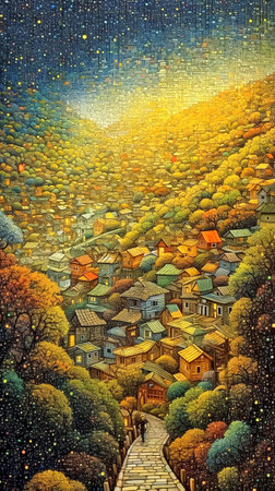 The village in the mountains. Colorful abstract digital painting on canvas. Vertical illustration. AI generativeの素材
