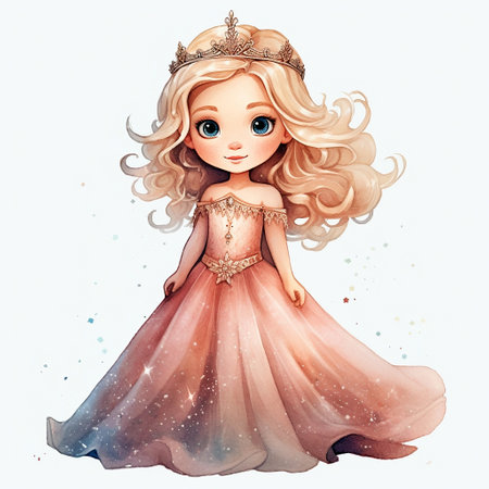 Cute cartoon little princess, illustration in watercolor style, isolated on white background. AI generativeの素材