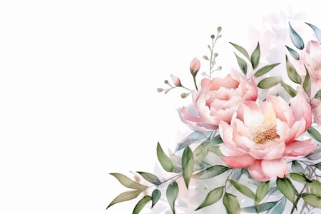Watercolor floral background. Copy space with peonies bloosom. Pastel colors. AI generativeの素材