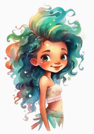 Cute cartoon girl with long curly hair on white background. Watercolor illustration. AI generativeの素材