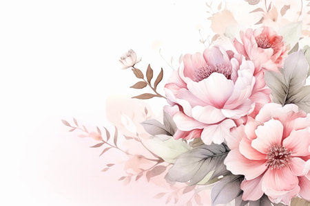 Watercolor floral background. Copy space with peonies bloosom. Soft colors. AI generativeの素材