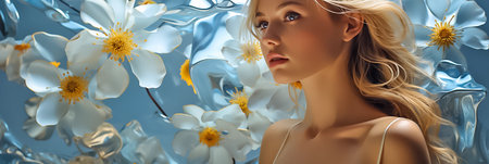 Beautiful blonde girl on a blue backdrop with white flowers. Horizontal background for website header. AI generativeの素材