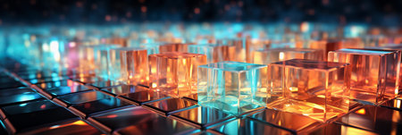 Abstract horizontal background for website header with geometric cubes in orange and ble colors. AI generativeの素材