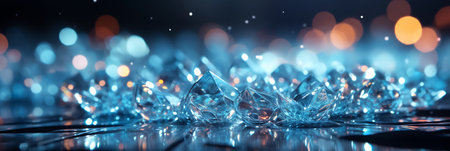 Abstract horizontal background for website header. Blue ice crystals on dark background. Banner backdrop. AI generativeの素材