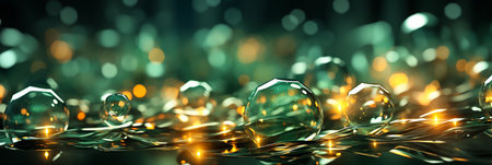 Green abstract background for website header of water drops on the water surface and bokeh lights. AI generativeの素材