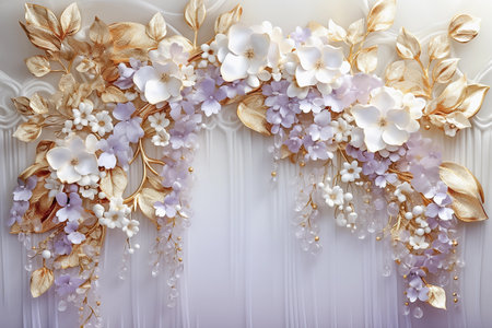 Decorative mural, purple background with white paper flowers and golden leaves, frame for photo album. AI generativeの素材
