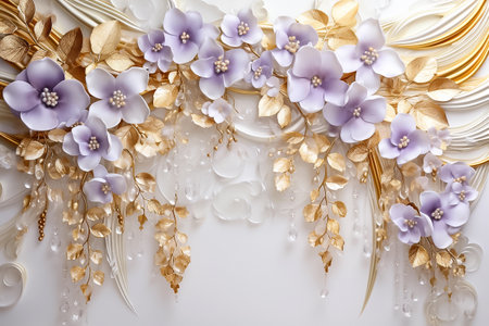 Wedding background with purple flowers and golden leaves. Luxury backdrop for photo album, ornate mural. AI generativeの素材