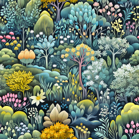 Whimsical seamless pattern with spring forest and flowers. Green nature textile fabric. AI generativeの素材