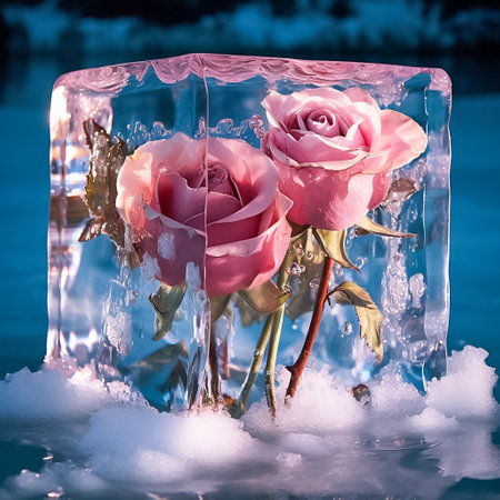 Beautiful pink roses in a transparent ice cube. Close-up illustration. AI generativeの素材