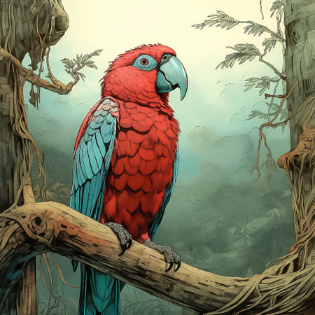 Red parrot sitting on a branch in the forest. Cartoon illustration. AI generativeの素材