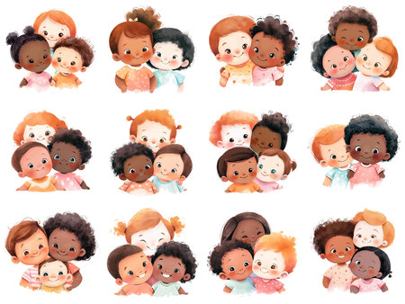 Collection of groups of smiling little children. Cartoon multiethnic happy kids, cute preschoolers. AI generativeの素材