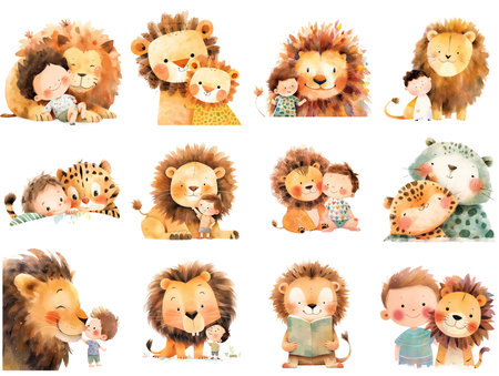 Cartoon little kid with cute lion. Happy child and adorable lion. Set of isolated watercolor illustrations. AI generativeの素材