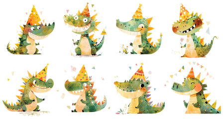 Cute crocodile character with birthday party hat. Set of watercolor cartoon illustration. AI generativeの素材