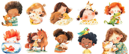 Collection of cartoon happy children with pets. Cute little kids hugging animals. Watercolor isolated illustrations. AI generativeの素材