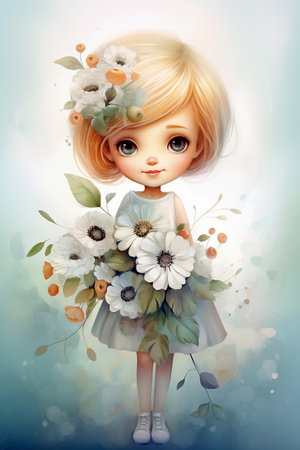 Cute little girl with a bouquet of flowers. Cartoon illustration. AI generativeの素材