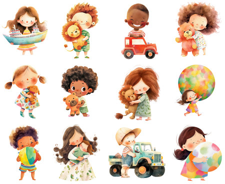 Set of cartoon happy children playing with toys. Cute little kids with different toys. Watercolor isolated illustrations on white background. AI generativeの素材