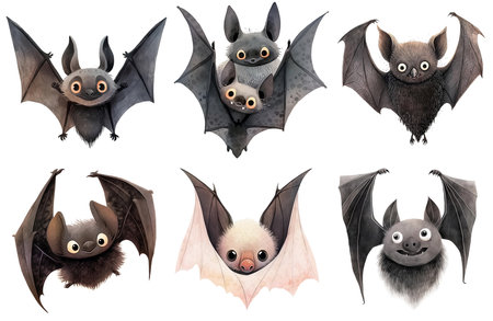 Watercolor clipart set of cute cartoon flying bat. AI generativeの素材