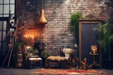 Brown brick wall background, vintage objects, boho style. AI generativeの素材