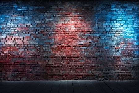 Brick wall background in blue and red tones in vintage boho loft style. AI generativeの素材