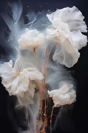 Abstract vertical interior painting with white fluffy flowers on a dark background. Printable wall art. AI generativeの素材