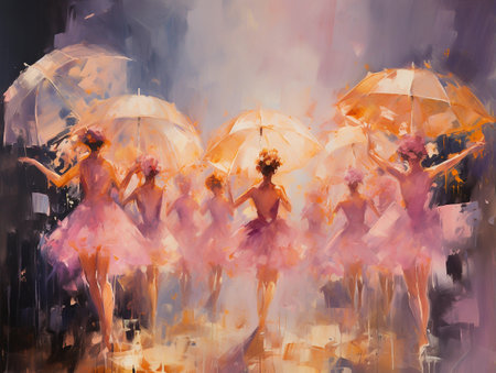Digital oil painting of ballerinas with umbrellas performing on stage. Printable artwork in warm colors, modern impressionism. AI generativeの素材
