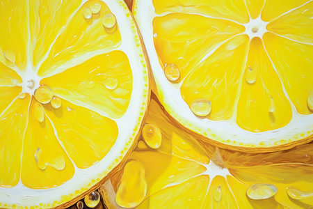 Slices of lemon and juice drops. Close-up illustration. AI generativeの素材