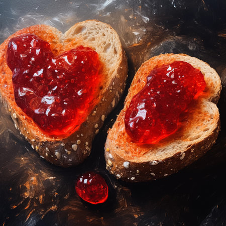 Slices of bread with jam in the shape of a heart on a dark background. AI generativeの素材