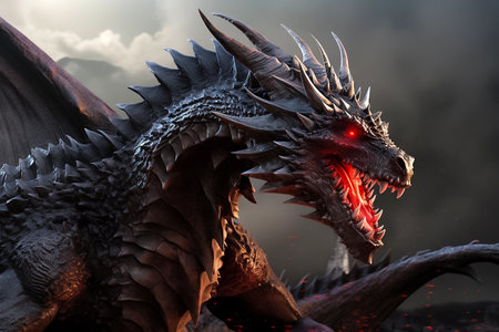 Dangerous evil fairytale dragon with red eyes and sharp teeth. Close-up portrait, fantasy illustration. AI generativeの素材