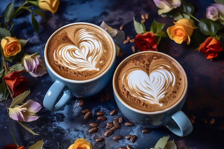 Two cups of cappuccino with heart shape latte art on blue background with roses flowers, close-up top view. AI generativeの素材