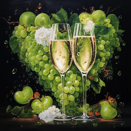 Still life with two glasses of champagne and green bunch of grapes in heart form on a black background with water drops. Square oil painting in vintage style, impasto. AI generativeの素材