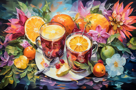 Still life with two cups of tea on background with oranges and flowers. Generative AI. Printable oil painting, impasto. AI generativeの素材