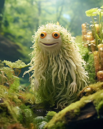 Funny green slimy creature in the rainforest. Fantasy cartoon character. AI generativeの素材