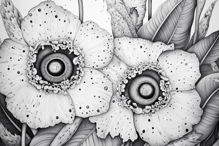 Black and white floral coloring pag. Printable coloring sheet with flowers. AI generativeの素材