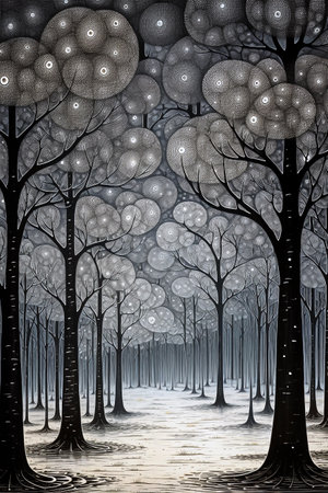 Winter landscape, mystical forest in minimalistic graphic style. Monochrome vertical illustration. Generative AIの素材