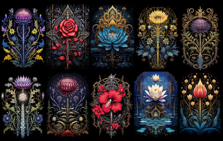 Set of ornamental floral elements for design of card back on black background. AI generativeの素材