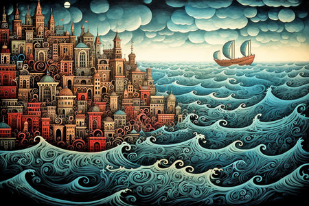 Whimsical illustartion with town and sailboat. Dramatic seascape painting in retro style, cover art. AI generativeの素材