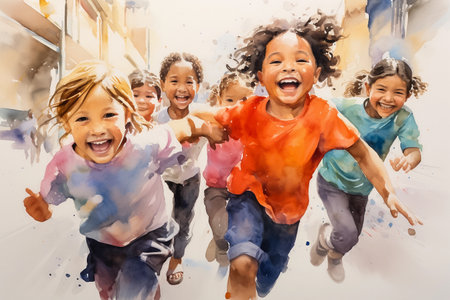 Group of laughing children running together on the street. Happy kids, stylized watercolor painting. AI generativeの素材