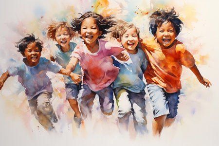 Happy kids running together. Group of laughing children. Joyful Concept. Watercolor painting style. AI generativeの素材